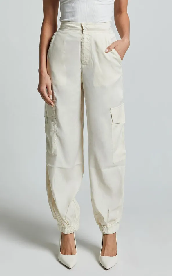 Showpo Robbie Pants 8211 High Waisted Cuffed Ankle Cargo Pants In Oyster Women Curve Clothes