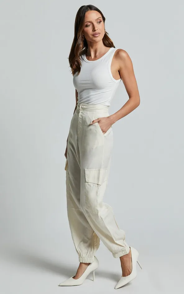 Showpo Robbie Pants 8211 High Waisted Cuffed Ankle Cargo Pants In Oyster Women Curve Clothes