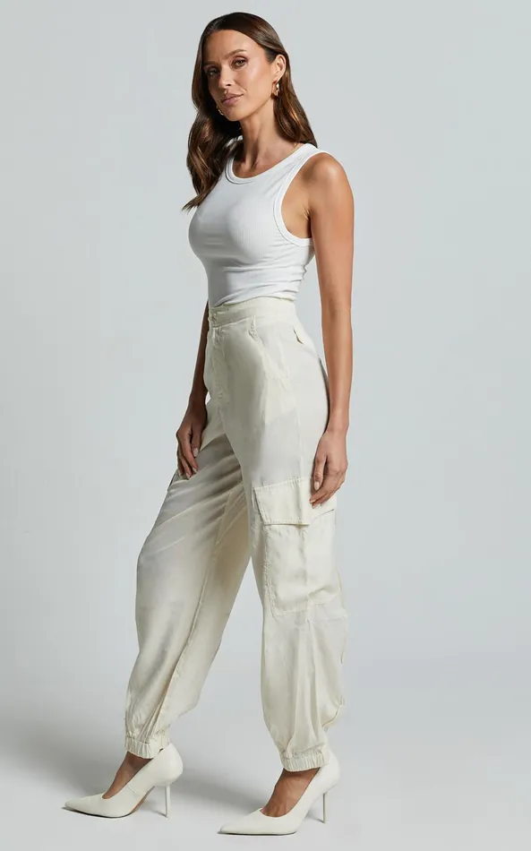 Showpo Robbie Pants 8211 High Waisted Cuffed Ankle Cargo Pants In Oyster Women Curve Clothes