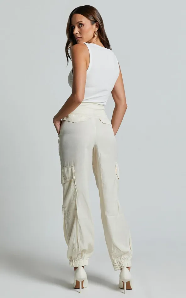Showpo Robbie Pants 8211 High Waisted Cuffed Ankle Cargo Pants In Oyster Women Curve Clothes