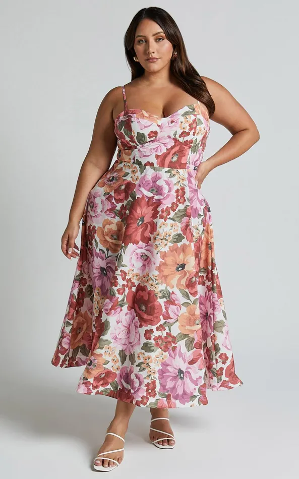 Showpo Robertson Midi Dress 8211 Strappy Sweetheart Bustier Flare Dress In Spring Floral Women Curve Clothes