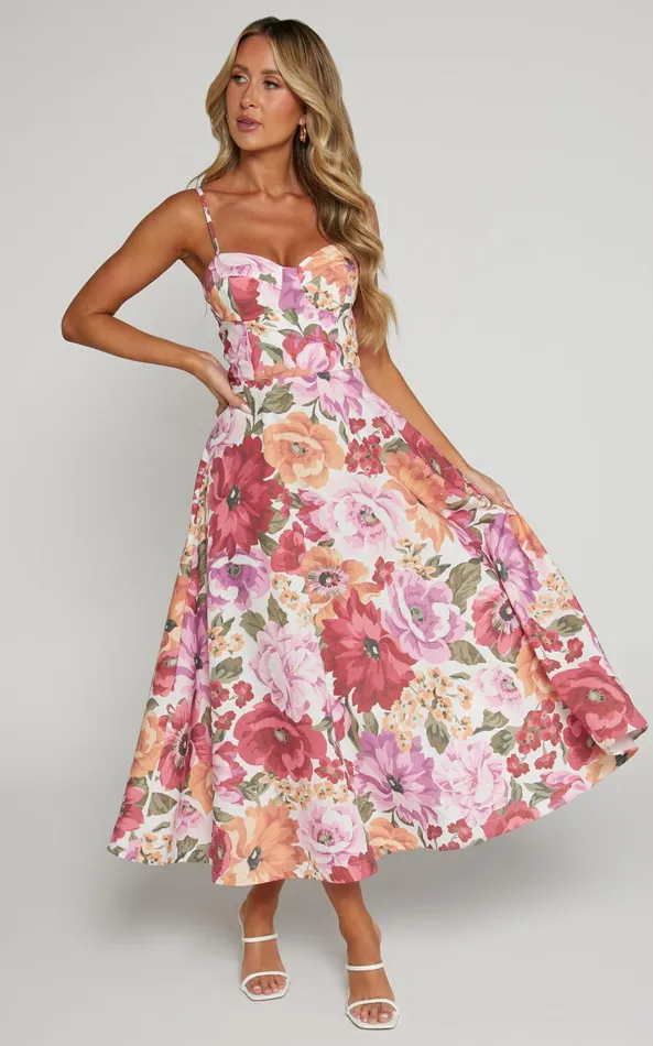 Showpo Robertson Midi Dress 8211 Strappy Sweetheart Bustier Flare Dress In Spring Floral Women Curve Clothes