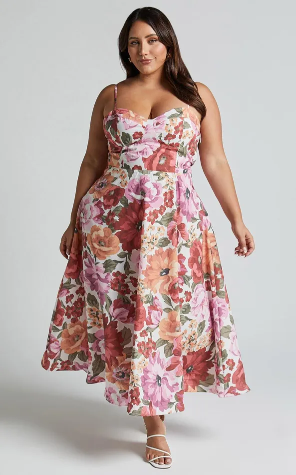 Showpo Robertson Midi Dress 8211 Strappy Sweetheart Bustier Flare Dress In Spring Floral Women Curve Clothes