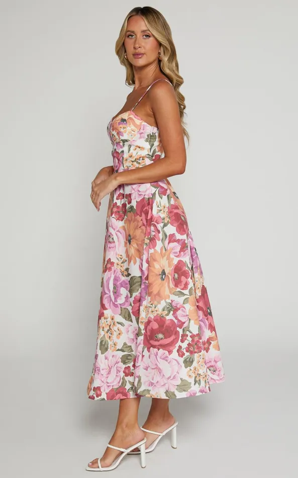 Showpo Robertson Midi Dress 8211 Strappy Sweetheart Bustier Flare Dress In Spring Floral Women Curve Clothes