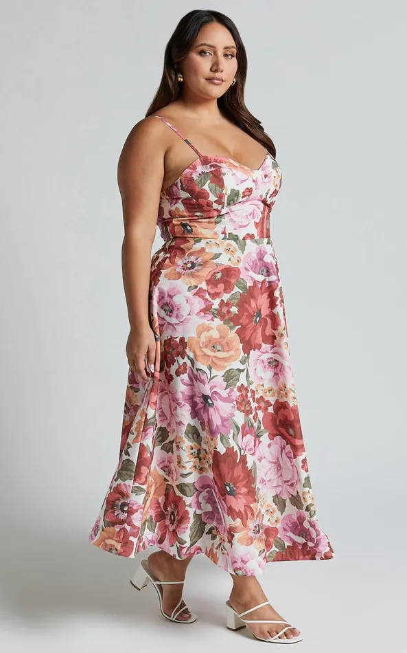 Showpo Robertson Midi Dress 8211 Strappy Sweetheart Bustier Flare Dress In Spring Floral Women Curve Clothes