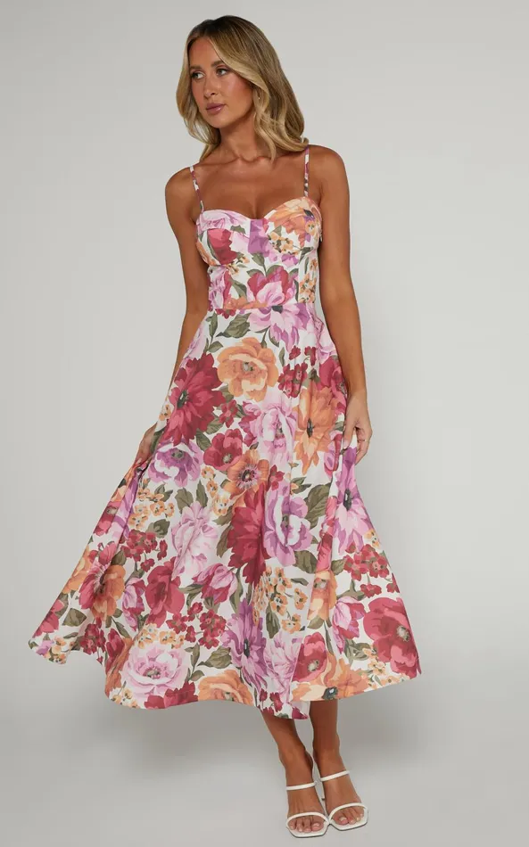 Showpo Robertson Midi Dress 8211 Strappy Sweetheart Bustier Flare Dress In Spring Floral Women Curve Clothes
