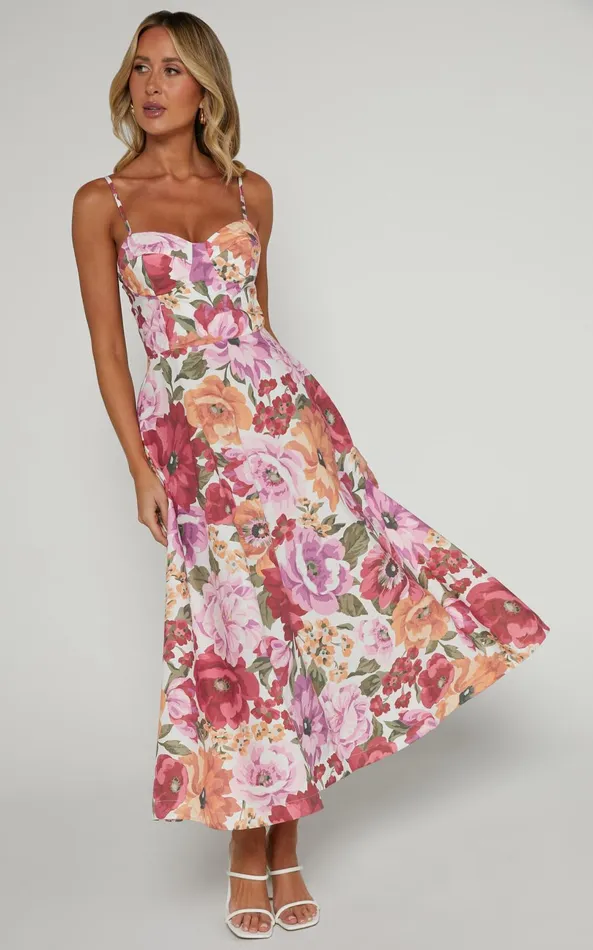 Showpo Robertson Midi Dress 8211 Strappy Sweetheart Bustier Flare Dress In Spring Floral Women Curve Clothes