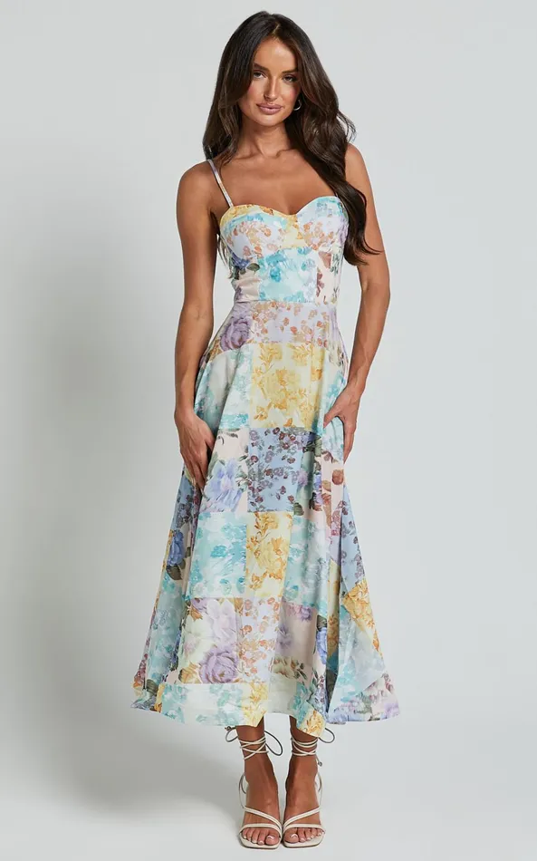 Showpo Robertson Midi Dress 8211 Strappy Sweetheart Bustier Flare Dress In Vintage Floral Women Curve Clothes