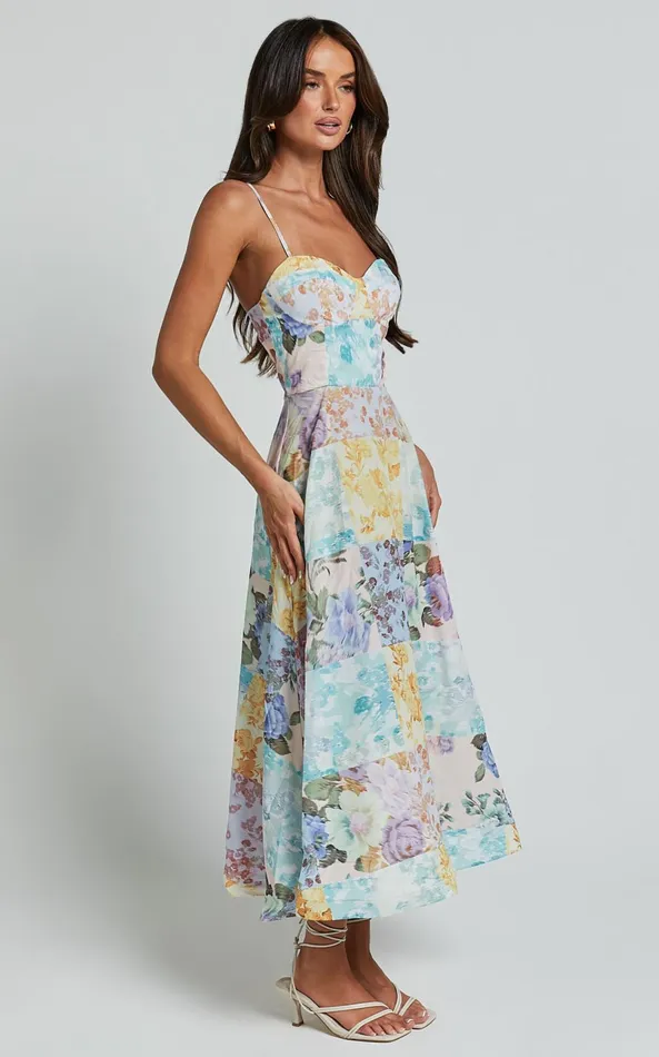 Showpo Robertson Midi Dress 8211 Strappy Sweetheart Bustier Flare Dress In Vintage Floral Women Curve Clothes