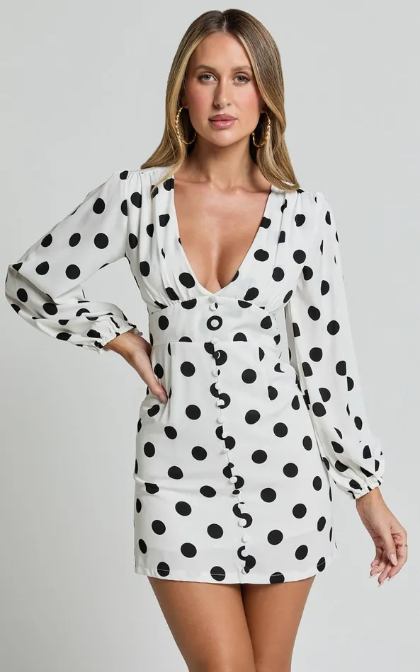 Showpo Robyn Mini Dress 8211 Long Balloon Sleeve Plunge Neck Mini Dress In Black Spot Women Dresses Showpo Robyn Mini Dress 8211 Long Balloon Sleeve Plunge Neck Mini Dress In Black Spot Women Dresses