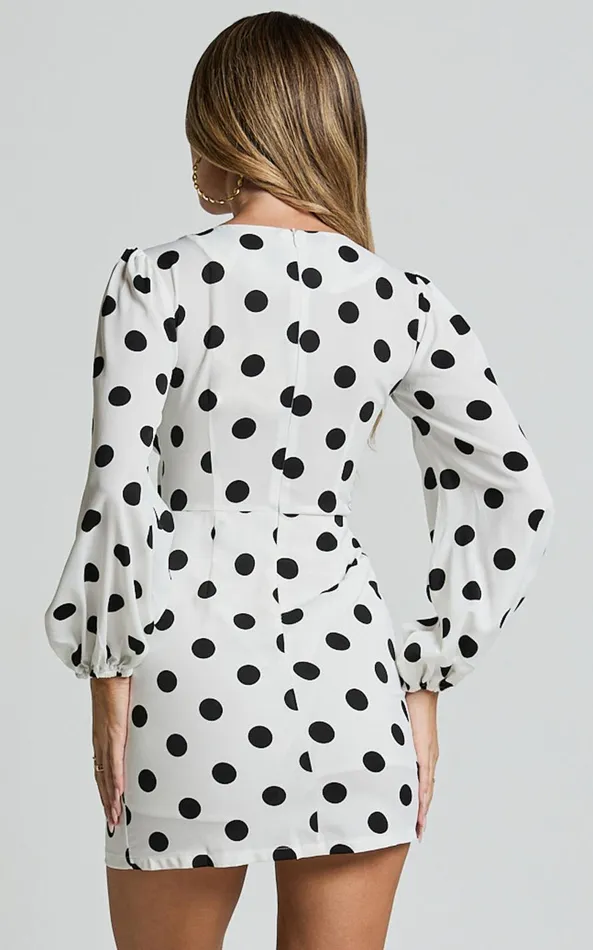 Showpo Robyn Mini Dress 8211 Long Balloon Sleeve Plunge Neck Mini Dress In Black Spot Women Dresses