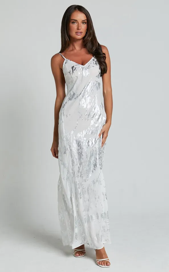 Showpo Robynne Maxi Dress 8211 Strappy V Neck Slip Dress In White And Silver Women Dresses Showpo Robynne Maxi Dress 8211 Strappy V Neck Slip Dress In White And Silver Women Dresses
