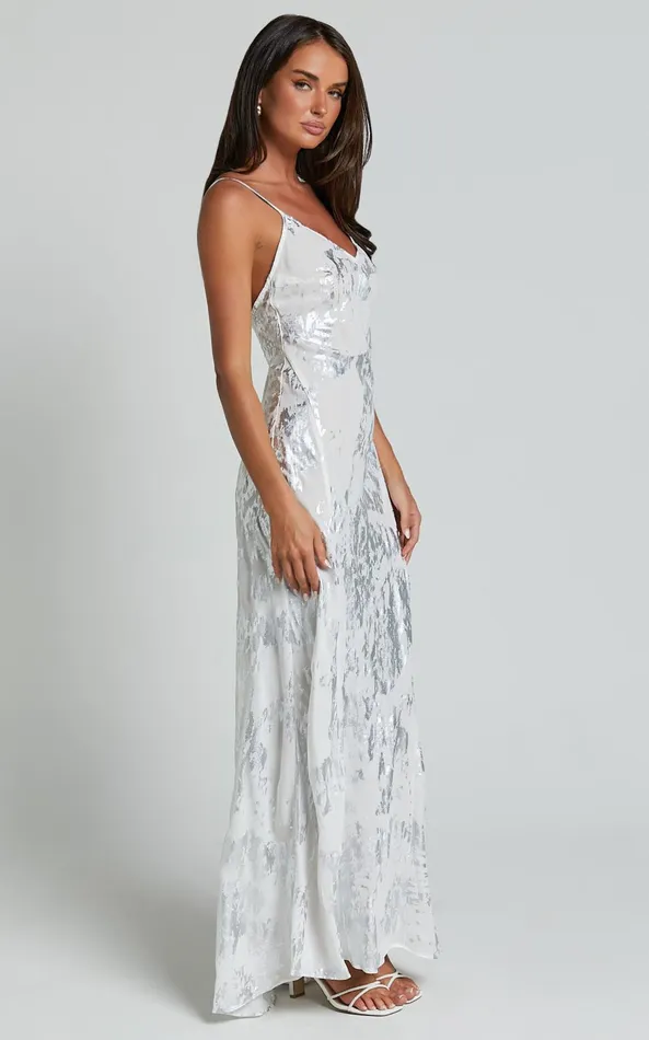 Showpo Robynne Maxi Dress 8211 Strappy V Neck Slip Dress In White And Silver Women Dresses