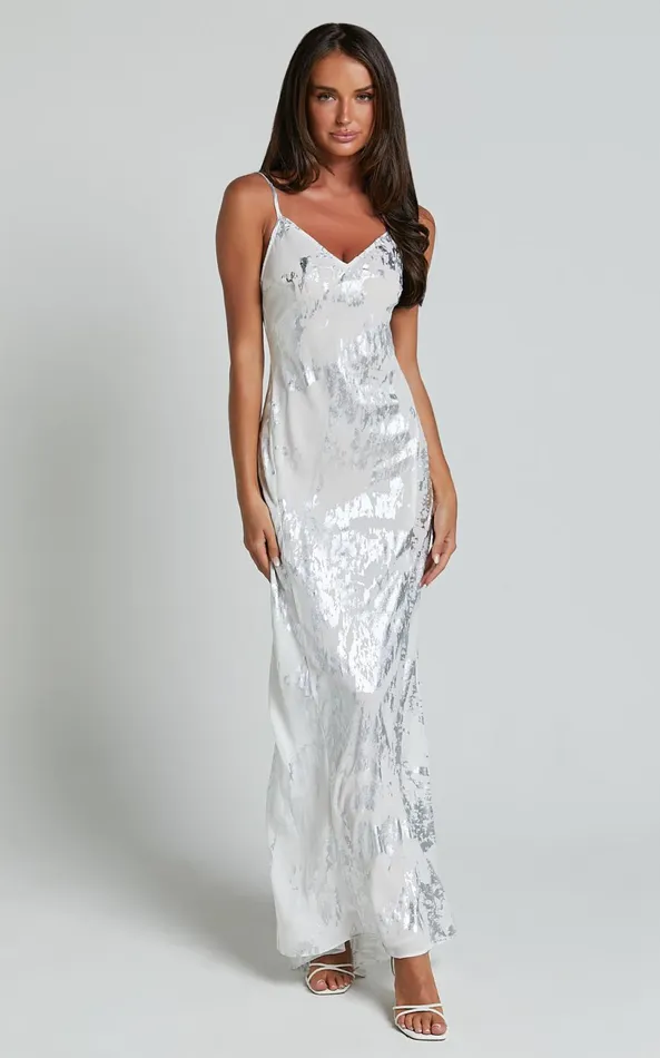 Showpo Robynne Maxi Dress 8211 Strappy V Neck Slip Dress In White And Silver Women Dresses