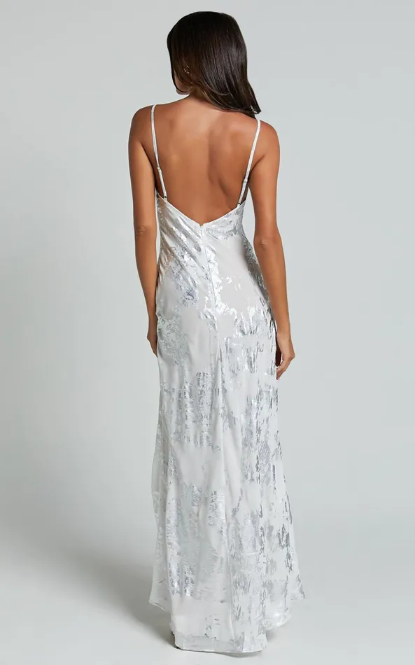 Showpo Robynne Maxi Dress 8211 Strappy V Neck Slip Dress In White And Silver Women Dresses