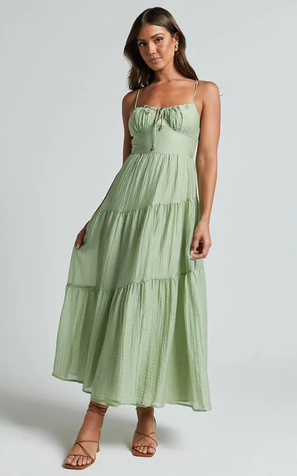 Showpo Rodeth Midi Dress 8211 Ruched Bust Tie Front Tiered Dress In Sage Women Dresses Showpo Rodeth Midi Dress 8211 Ruched Bust Tie Front Tiered Dress In Sage Women Dresses