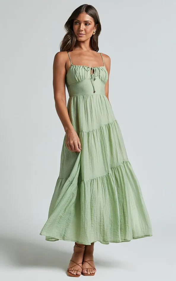 Showpo Rodeth Midi Dress 8211 Ruched Bust Tie Front Tiered Dress In Sage Women Dresses