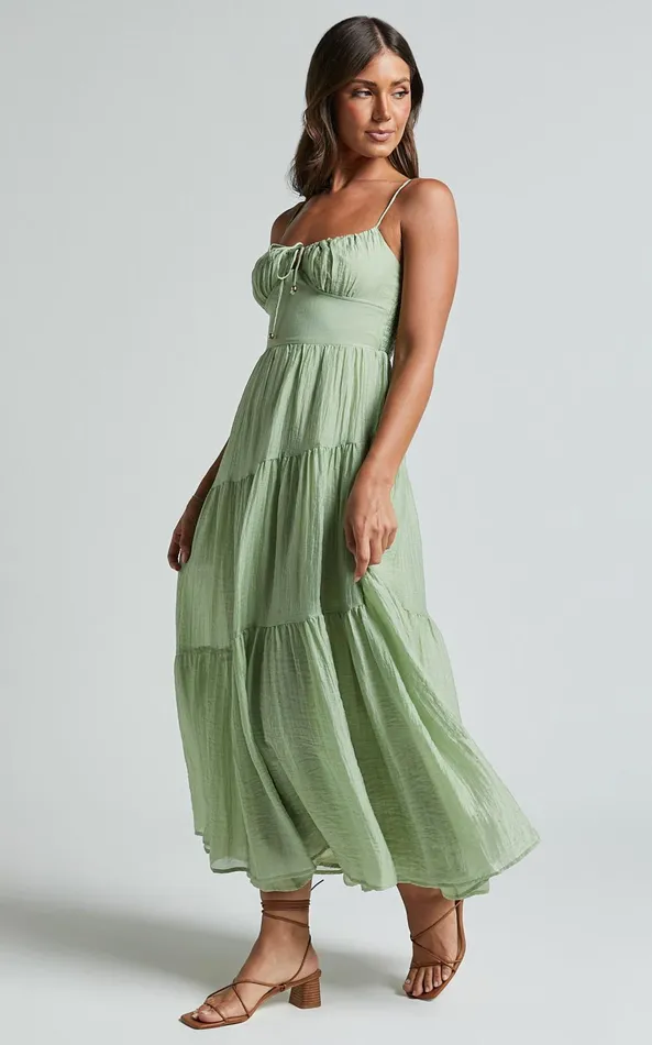 Showpo Rodeth Midi Dress 8211 Ruched Bust Tie Front Tiered Dress In Sage Women Dresses