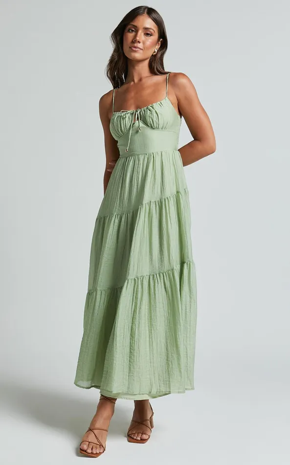 Showpo Rodeth Midi Dress 8211 Ruched Bust Tie Front Tiered Dress In Sage Women Dresses