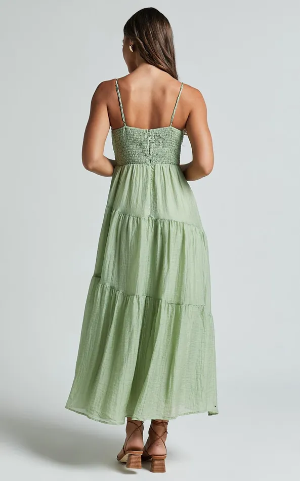 Showpo Rodeth Midi Dress 8211 Ruched Bust Tie Front Tiered Dress In Sage Women Dresses