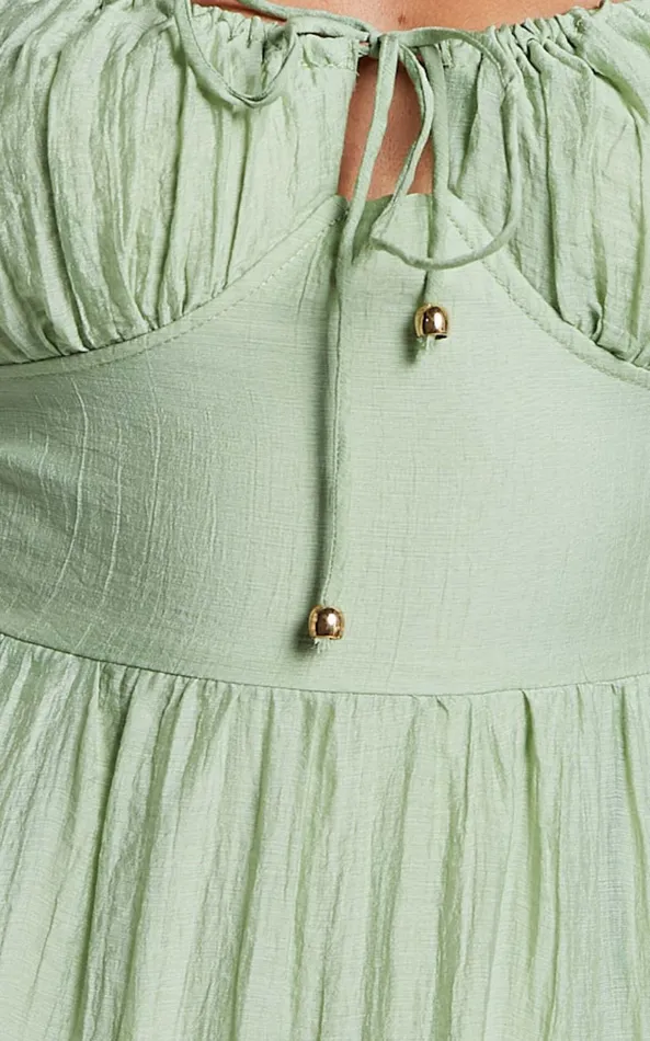 Showpo Rodeth Midi Dress 8211 Ruched Bust Tie Front Tiered Dress In Sage Women Dresses