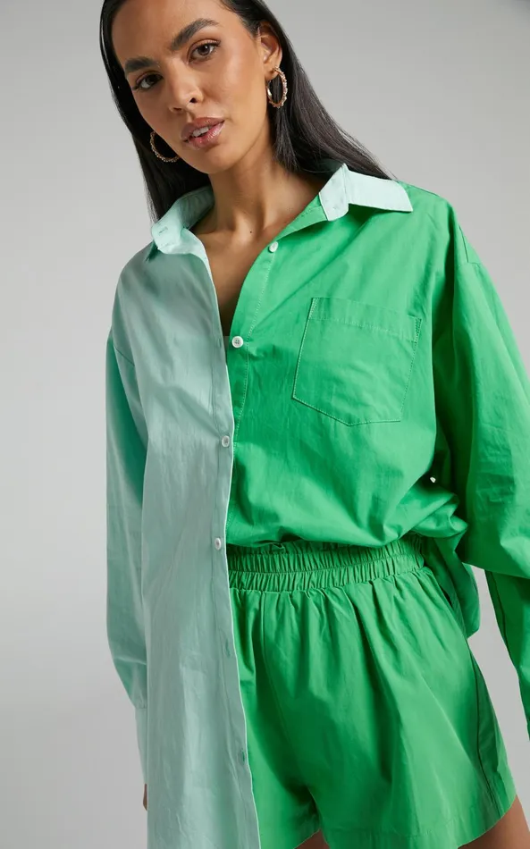 Showpo Roewe Shirt 8211 Colour Block Oversized Button Up Shirt In Mint and Green Women Curve Clothes