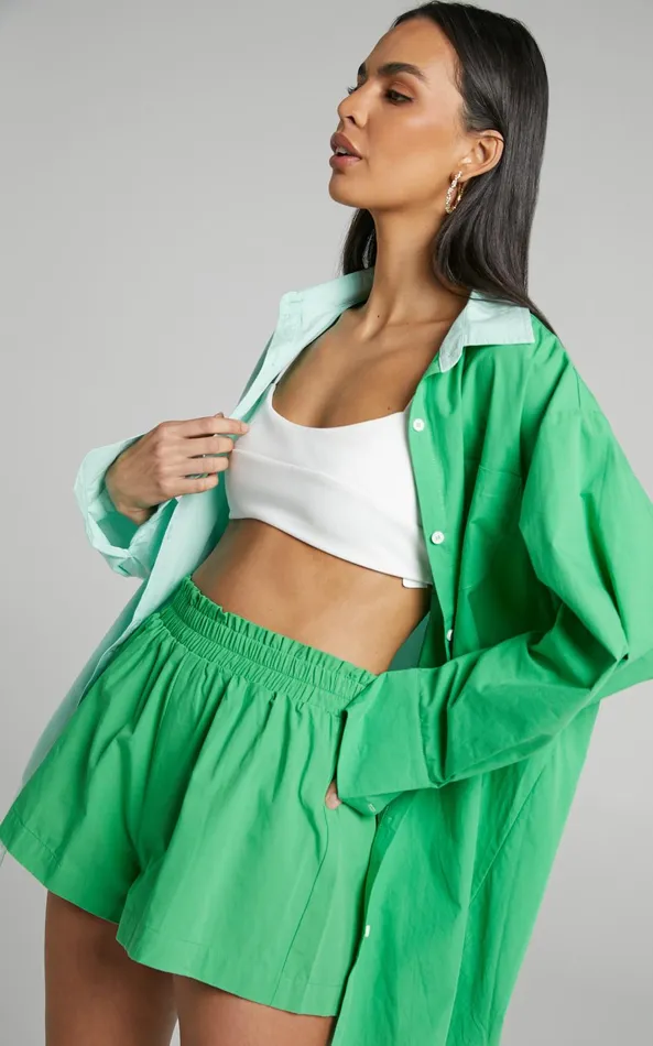 Showpo Roewe Shirt 8211 Colour Block Oversized Button Up Shirt In Mint and Green Women Curve Clothes