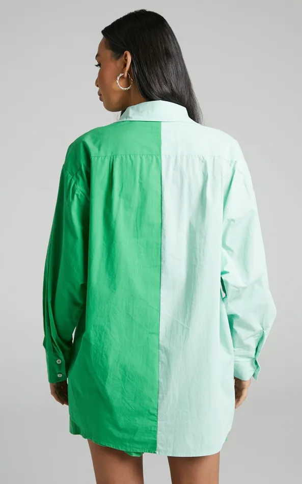 Showpo Roewe Shirt 8211 Colour Block Oversized Button Up Shirt In Mint and Green Women Curve Clothes