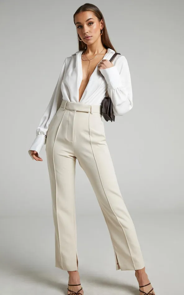 Showpo Rogers Straight Leg Pants In Beige Women Curve Clothes