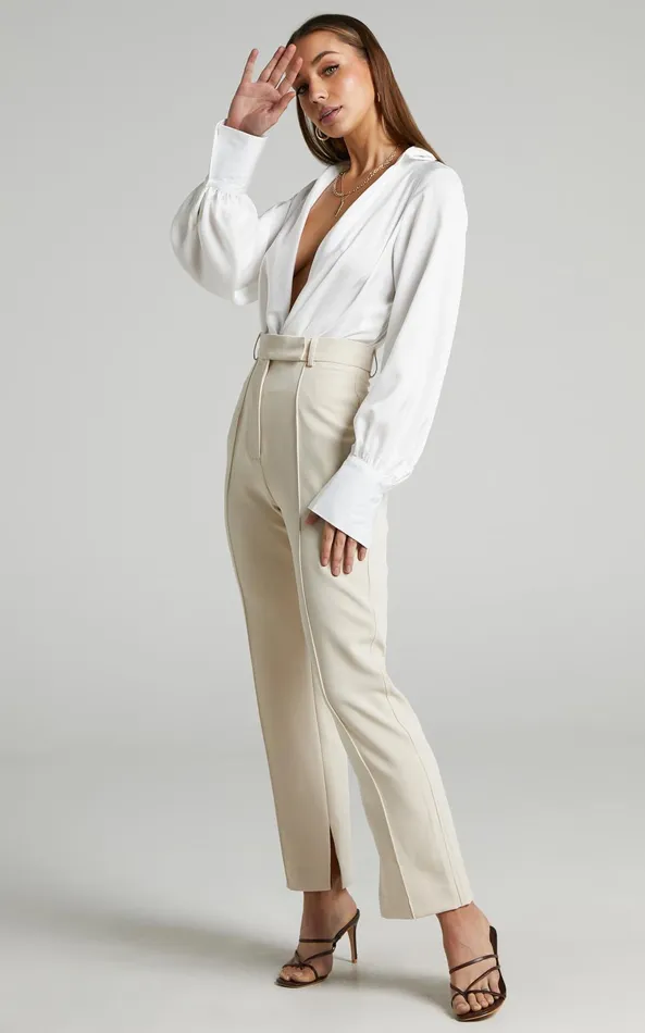 Showpo Rogers Straight Leg Pants In Beige Women Curve Clothes