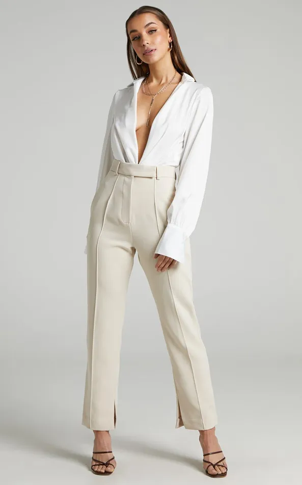 Showpo Rogers Straight Leg Pants In Beige Women Curve Clothes