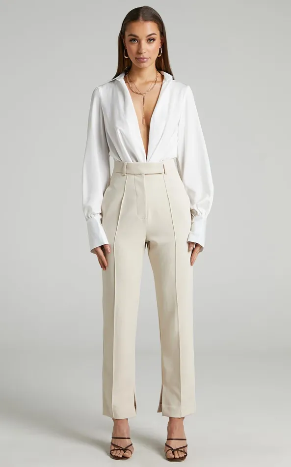 Showpo Rogers Straight Leg Pants In Beige Women Curve Clothes