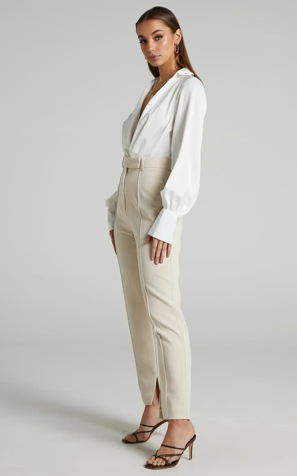 Showpo Rogers Straight Leg Pants In Beige Women Curve Clothes