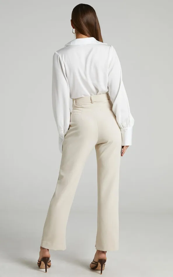 Showpo Rogers Straight Leg Pants In Beige Women Curve Clothes