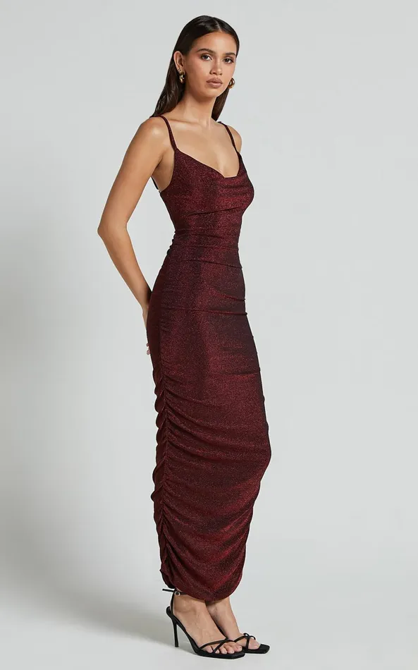 Showpo Roma Midi Dress 8211 Ruched Cowl Neck Dress In Berry Women Dresses