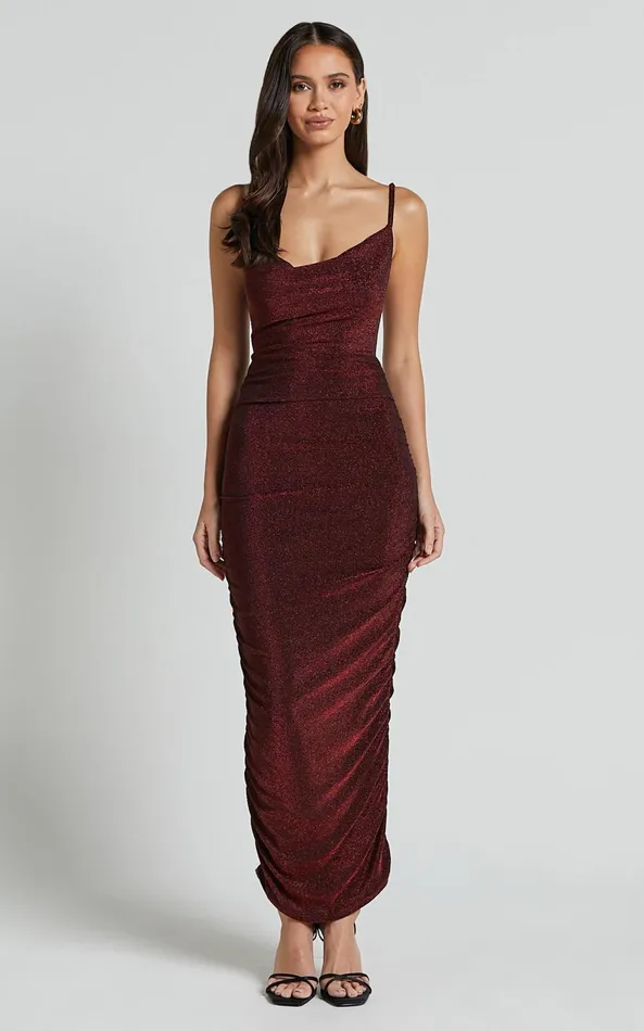 Showpo Roma Midi Dress 8211 Ruched Cowl Neck Dress In Berry Women Dresses