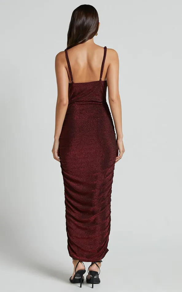 Showpo Roma Midi Dress 8211 Ruched Cowl Neck Dress In Berry Women Dresses