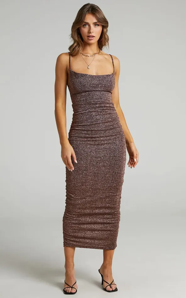 Showpo Roma Midi Dress 8211 Ruched Cowl Neck Dress In Chocolate Lurex Women Dresses