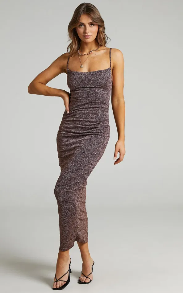 Showpo Roma Midi Dress 8211 Ruched Cowl Neck Dress In Chocolate Lurex Women Dresses