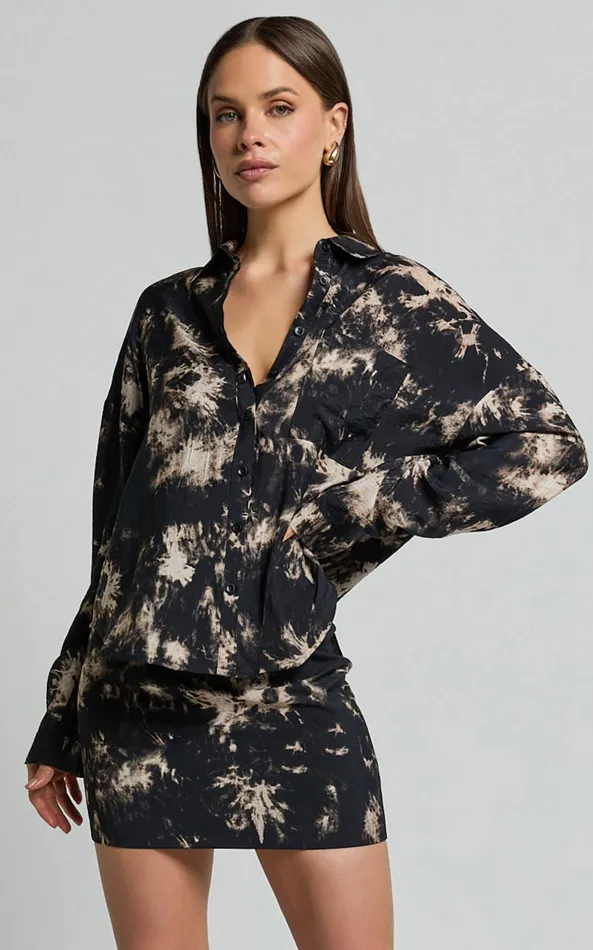 Showpo Romain Top 8211 Long Sleeve Oversized Printed Shirt In Black Tie Dye Women Tops Showpo Romain Top 8211 Long Sleeve Oversized Printed Shirt In Black Tie Dye Women Tops