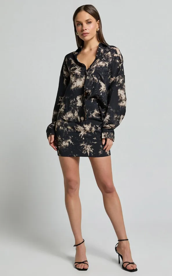 Showpo Romain Top 8211 Long Sleeve Oversized Printed Shirt In Black Tie Dye Women Tops
