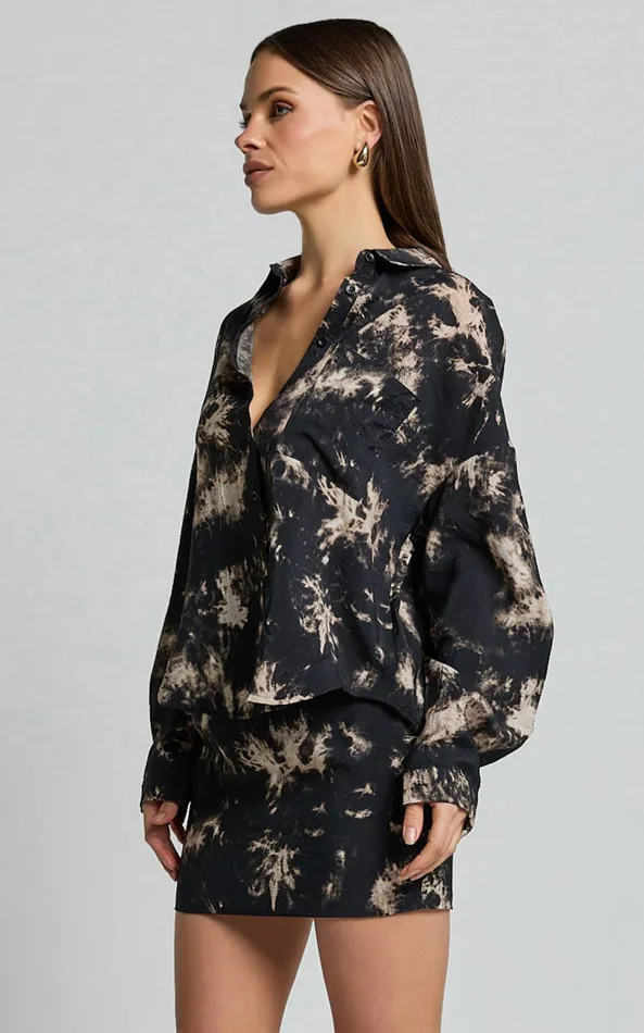 Showpo Romain Top 8211 Long Sleeve Oversized Printed Shirt In Black Tie Dye Women Tops