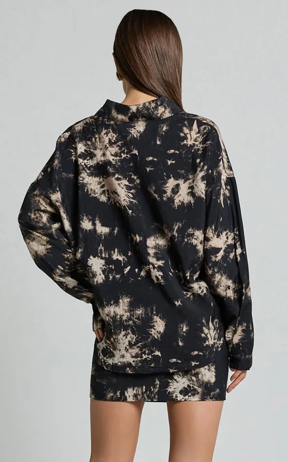 Showpo Romain Top 8211 Long Sleeve Oversized Printed Shirt In Black Tie Dye Women Tops