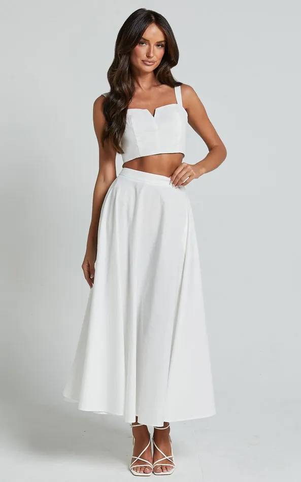 Showpo Romana Two Piece Set 8211 Crop Top And Midi Skirt Set In Ivory Women Two Piece Sets and Coords