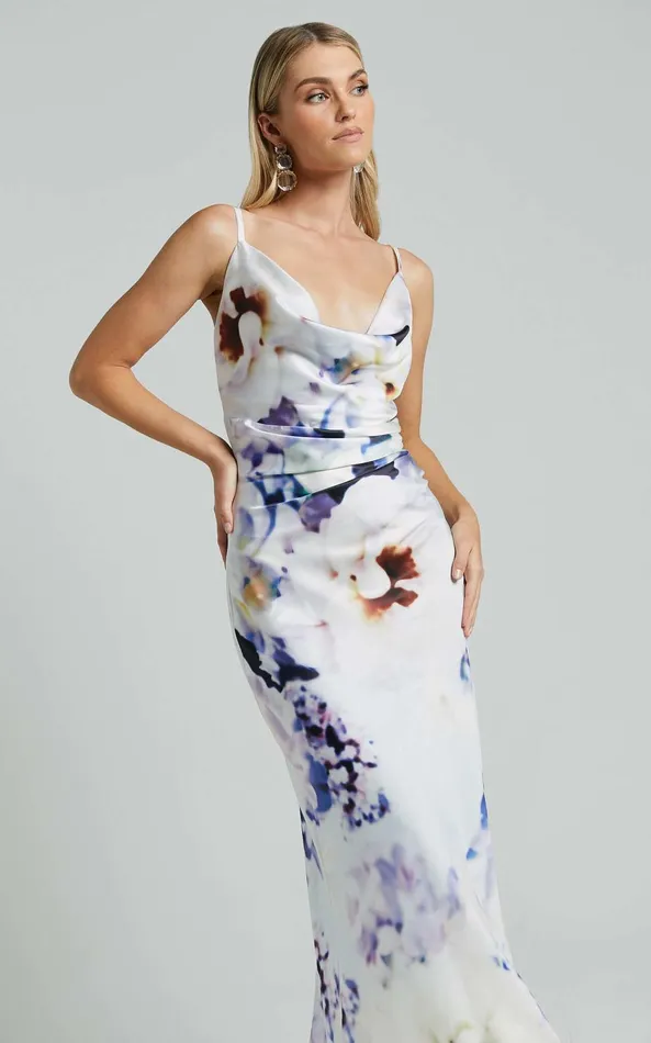Showpo Romilly Maxi Dress 8211 Strappy Cowl Neck Slip In La Reverie Print Women Dresses
