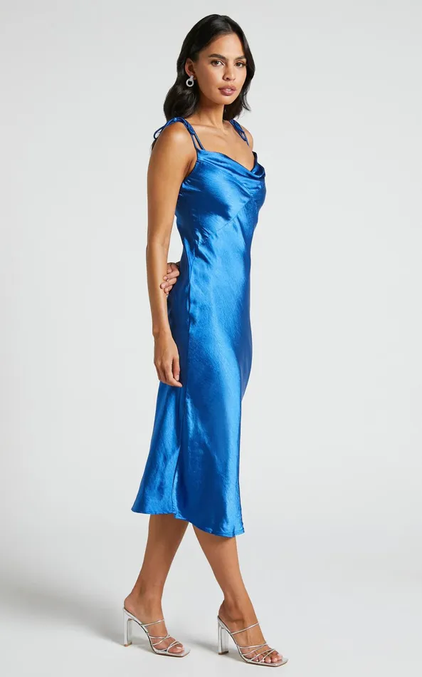 Showpo Romilly Midi Dress 8211 Tie Strap Cowl Neck Satin Dress In Cobalt Women Dresses