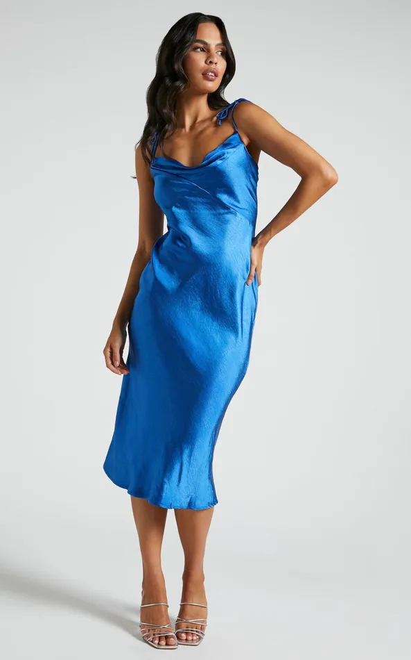 Showpo Romilly Midi Dress 8211 Tie Strap Cowl Neck Satin Dress In Cobalt Women Dresses