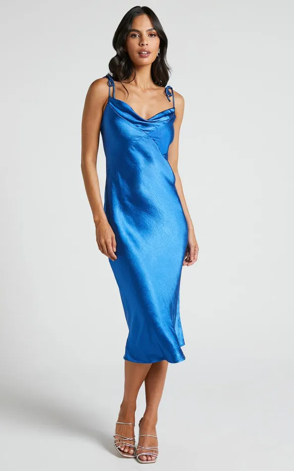 Showpo Romilly Midi Dress 8211 Tie Strap Cowl Neck Satin Dress In Cobalt Women Dresses