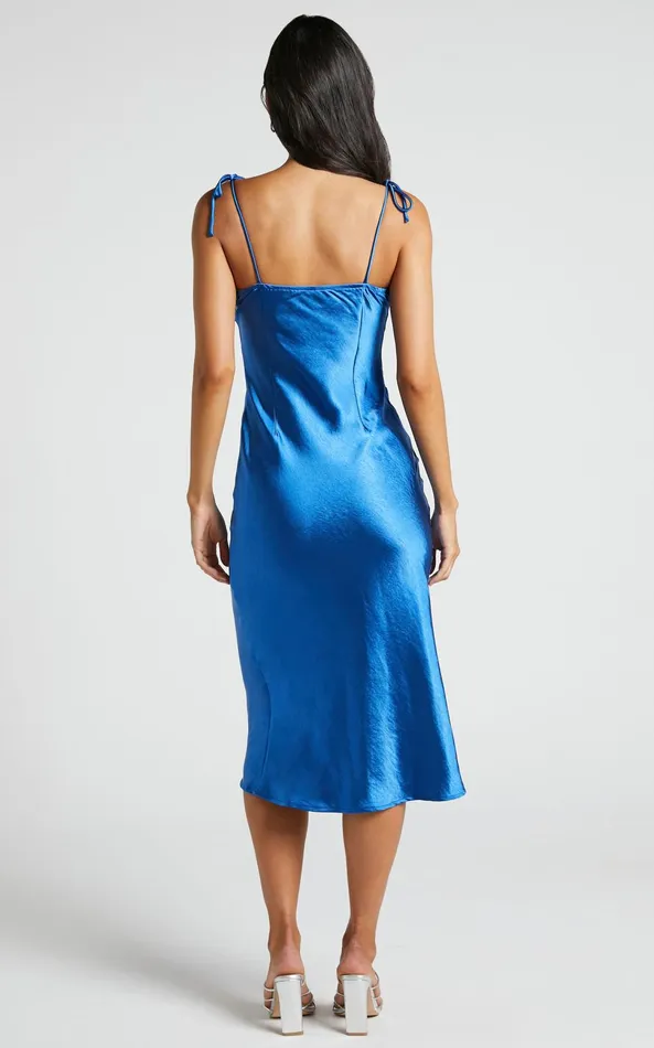 Showpo Romilly Midi Dress 8211 Tie Strap Cowl Neck Satin Dress In Cobalt Women Dresses