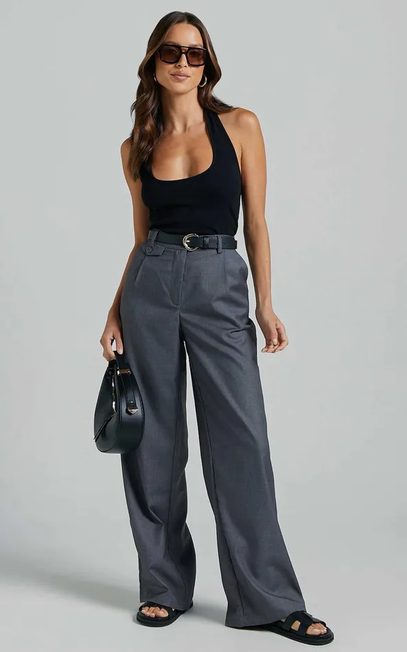 Showpo Romola Trousers 8211 Low Rise Relaxed Pocket Flap Detail Straight Leg Trousers In Charcoal Women Pants
